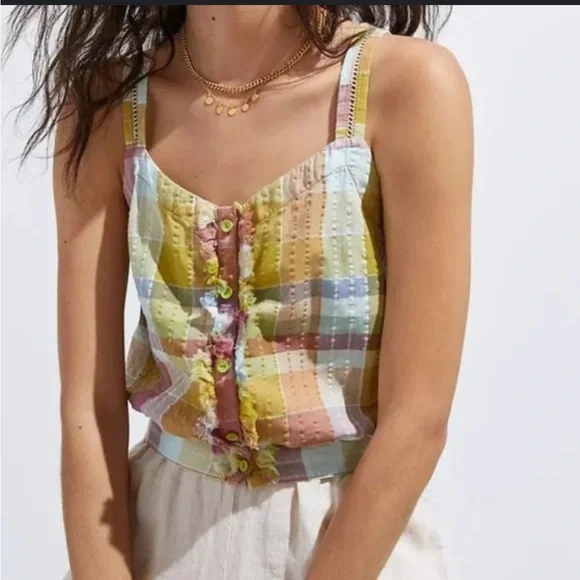 Anthropologie Pilcro Colorful Plaid Button Crop Top 4 - Picture 7 of 7
